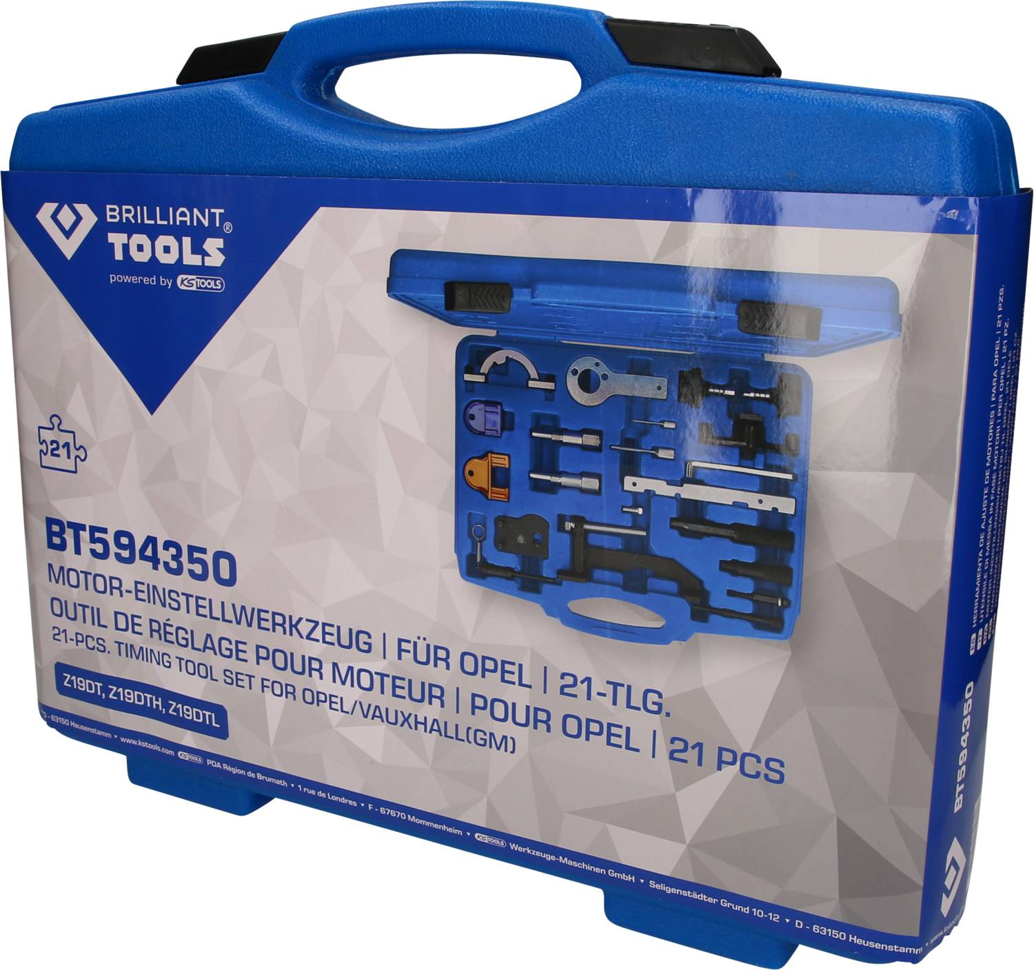 'Brilliant Tools' set orodij za Opel z 21 deli za nastavitev motorja, prikazan v modrem kovčku z ročajem.