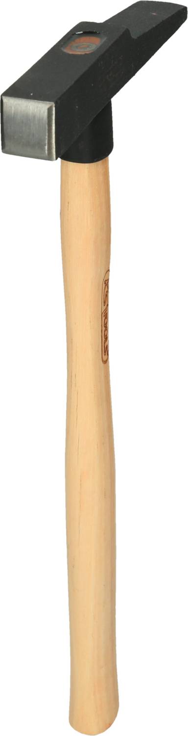 Kladivo z lesenim ročajem in kovinsko glavo, primerno za rokodelska dela. Kladivo ima pravokotno udarno površino.