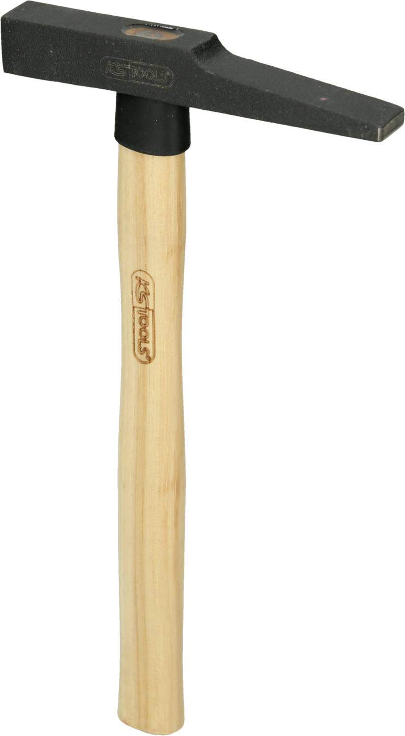 Tesarski kladivo z lesenim ročajem in črno kovinsko glavo, primerno za natančna dela pri obdelavi lesa.