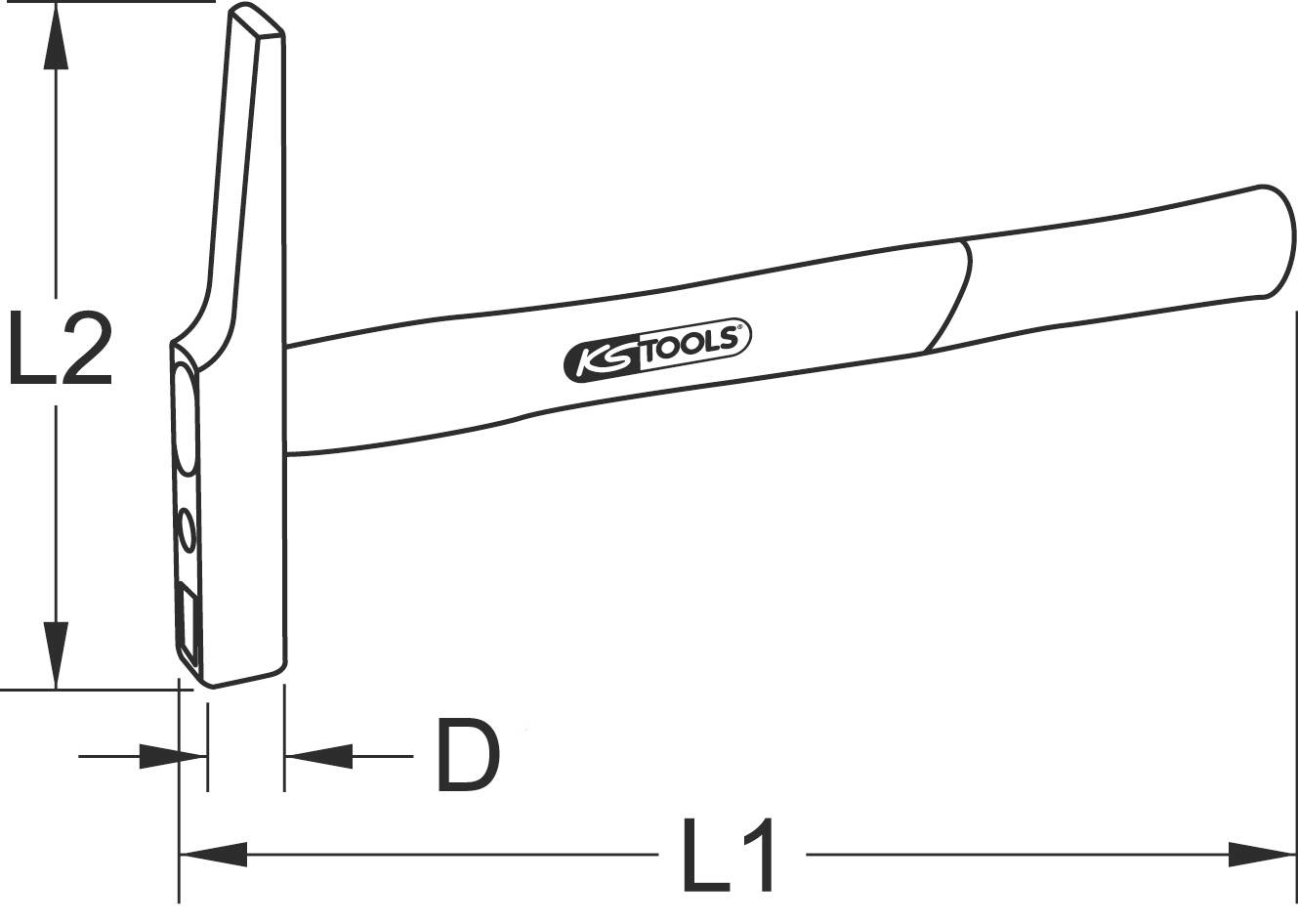 Slika kladiva z natančnimi merskimi podatki. Besedilo na kladivu: 'KS Tools'.