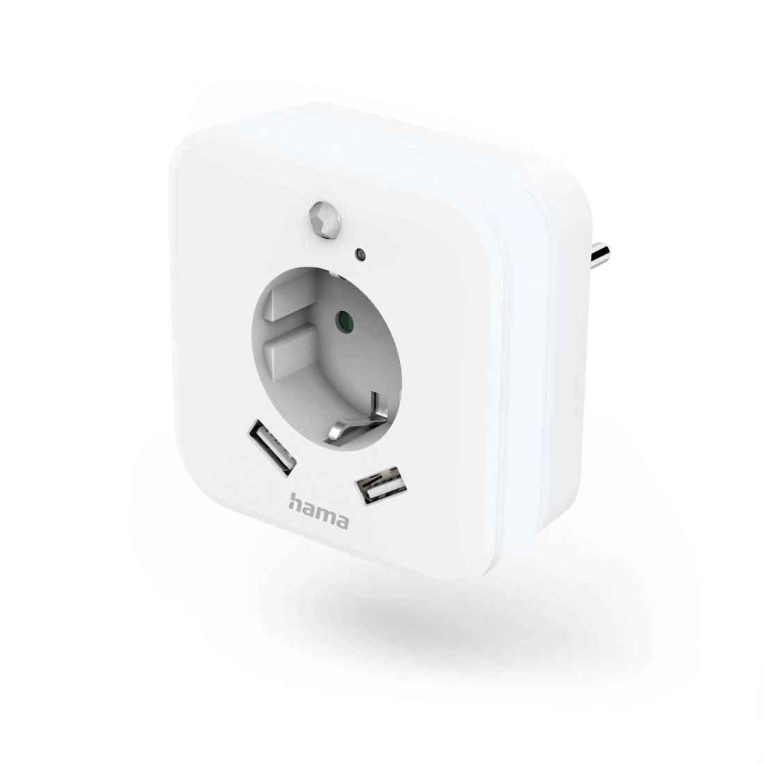 Bela pametna vtičnica znamke Hama z USB-priključki, primerna za upravljanje električnih naprav prek aplikacije ali glasovnega upravljanja.