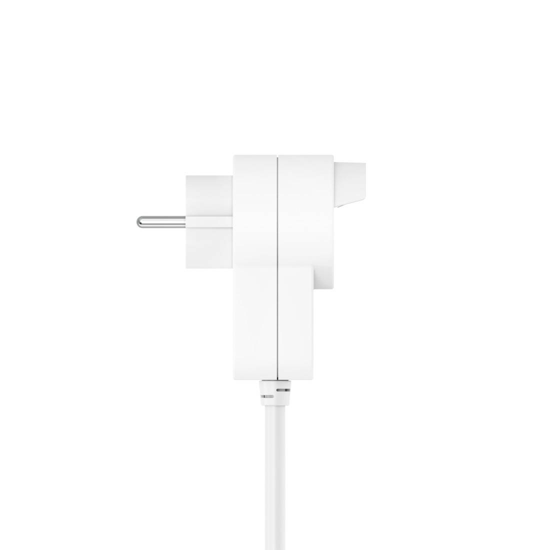 Bela napajalna enota z vgrajenim EU vtičem, prikazana s strani. Kabel poteka navzdol, viden pred belim ozadjem.