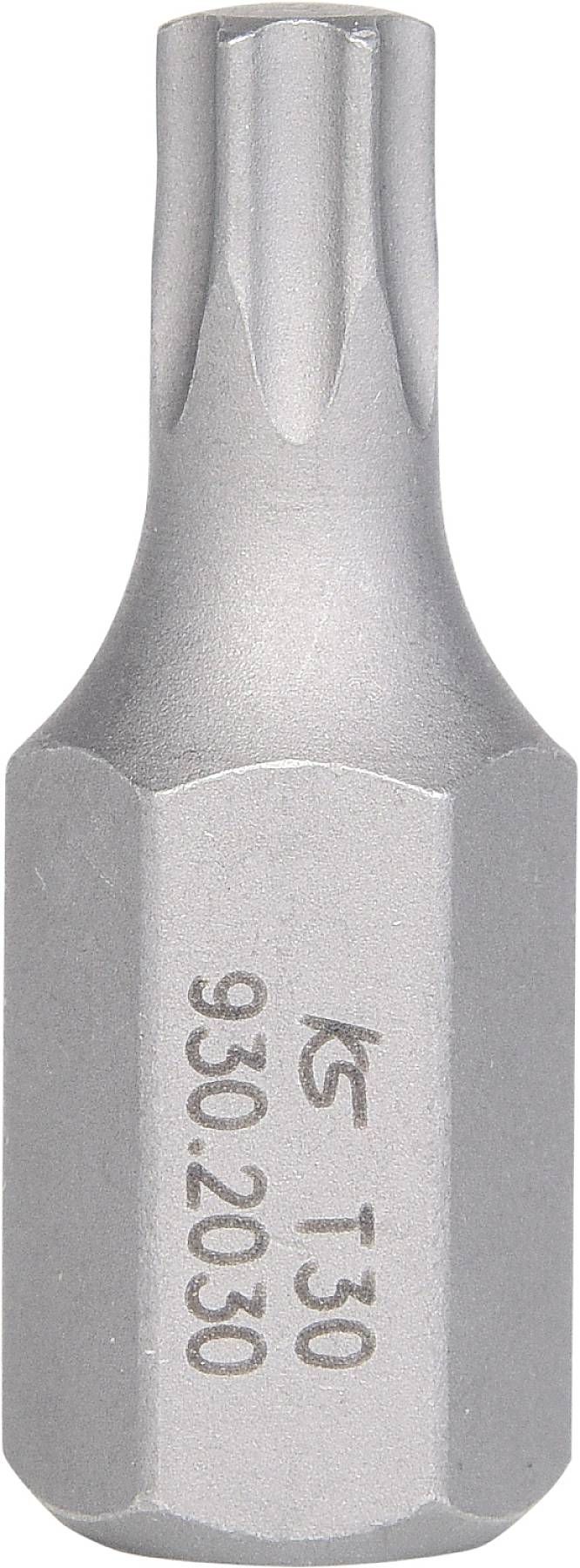 Kovinski Torx bit T30 srebrne barve, označen z '930/030'. Geometrijska, šesterokotna oblika, namenjen vijačnim delom.