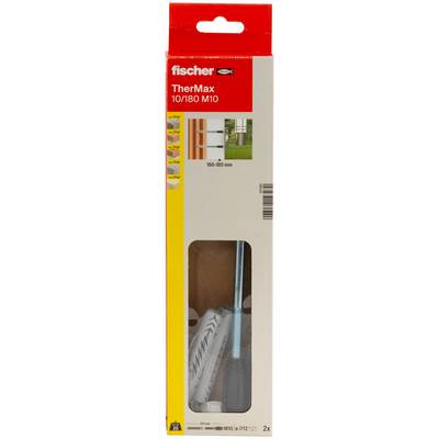 Paket sistema za sidranje v steno Fischer TherMax 10/180 M10, ki prikazuje kovinsko sidro in bele plastične tulce v prozornem oknu.