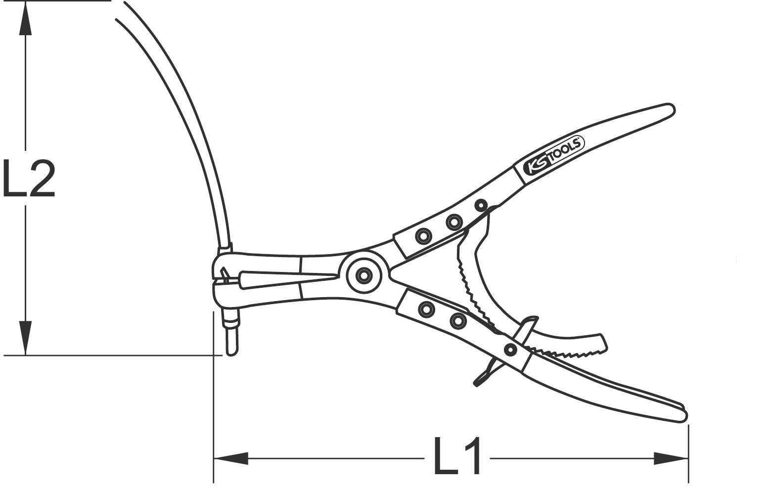 Tehnična risba klešč znamke KS Tools, z dimenzijama L1 in L2 za prikaz njihove velikosti.