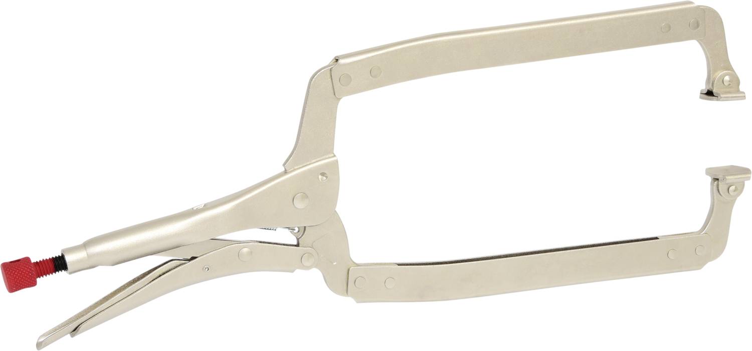 Kovinski raztezni pripomoček z dolgo, pravokotno odprtino; rdeč nastavljiv vijačni gumb za prilagajanje velikosti; namenjen pritrjevanju predmetov.