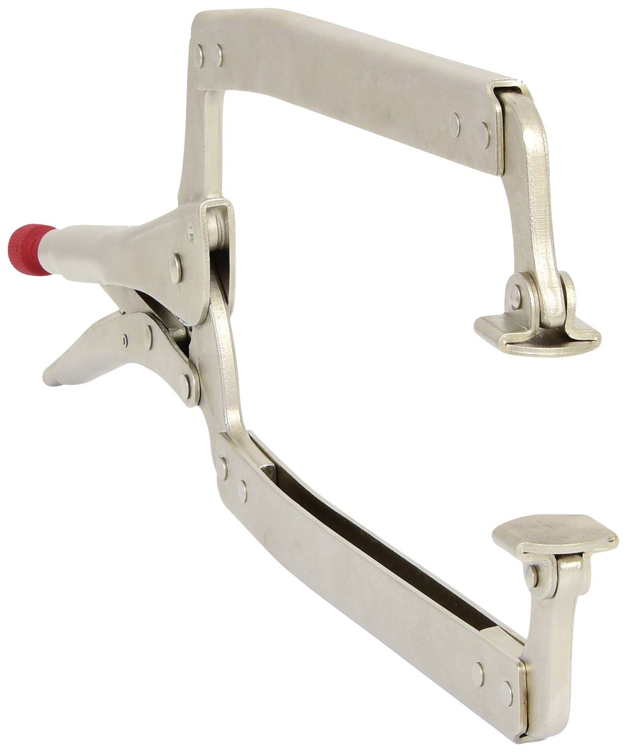 Kovinski kotni stezalnik z rdečim ročajem za pritrjevanje obdelovancev pod kotom 90 stopinj med montažo.