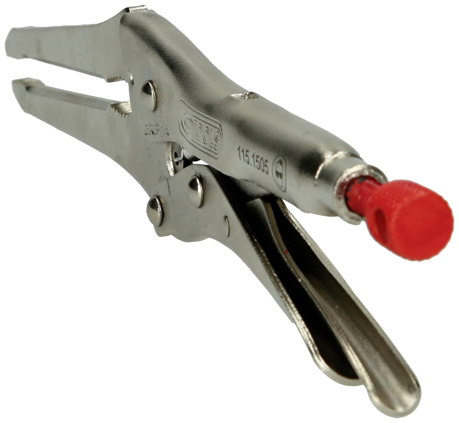 Srebrna pritrdilna klešče z rdečim vrtljivim gumbom na koncu. Klešče so delno odprte in prikazujejo svoj prijemalni mehanizem.