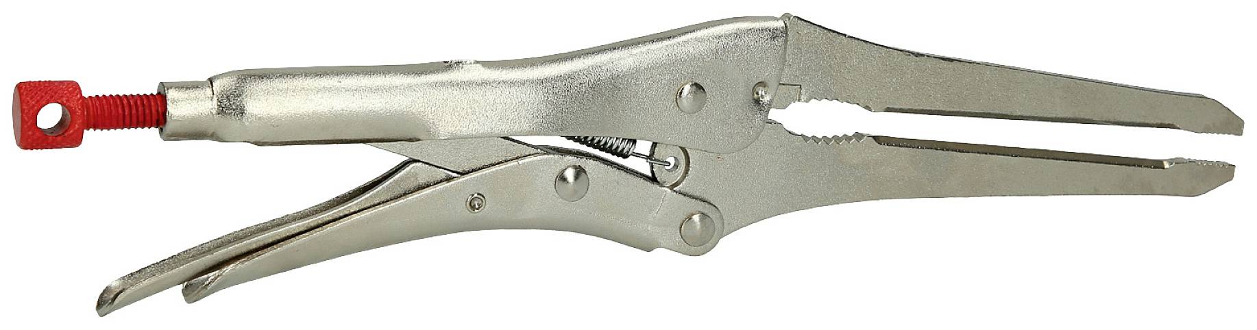Srebrna varilna klešča z rdečim vijačnim mehanizmom, odprta v pogledu profila. Glavno orodje za pritrjevanje med varjenjem.