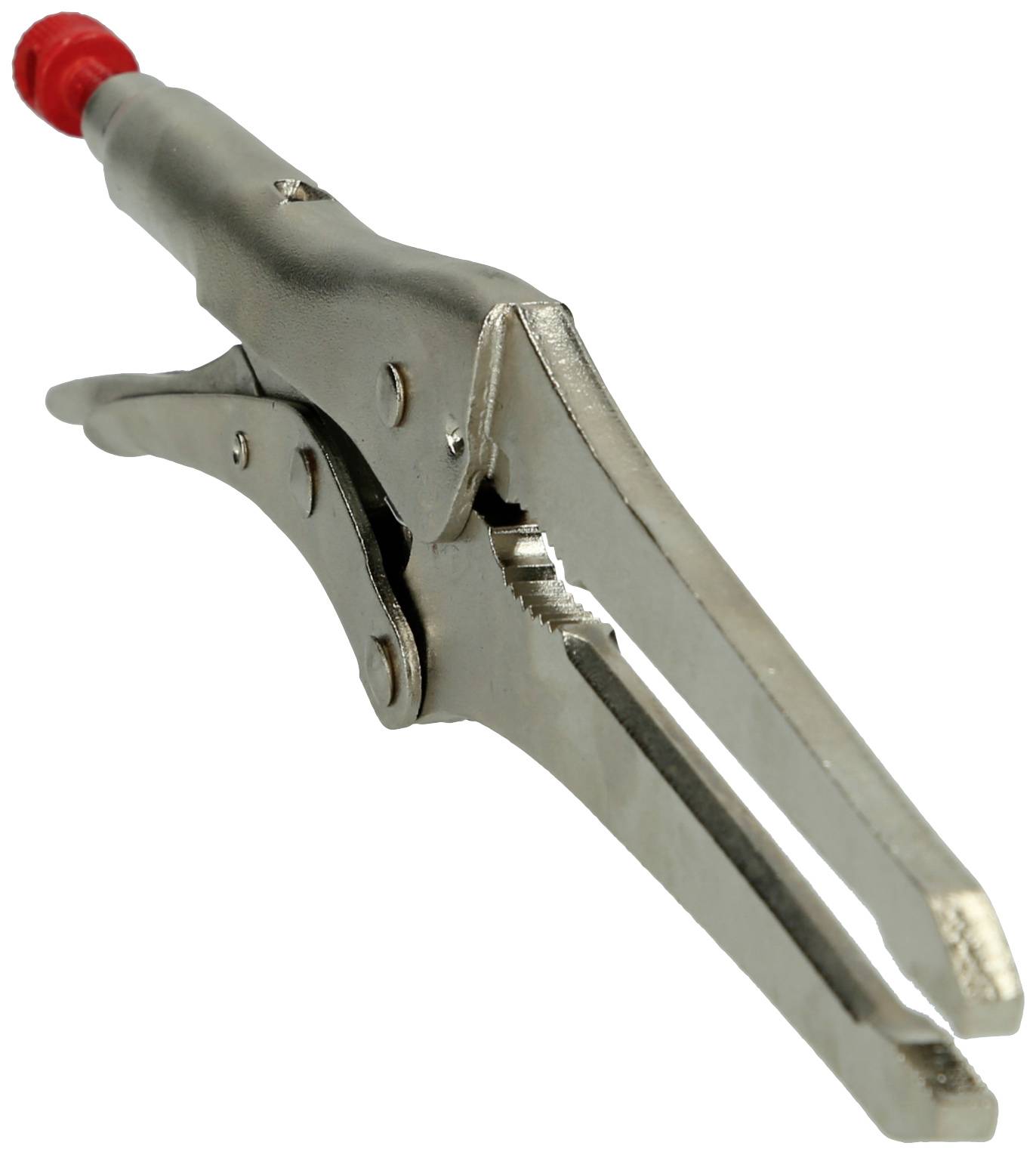 Kovinske klešče z rdečo plastično ročico, odprte. Uporabljajo se za prijem ali trdno držanje predmetov.