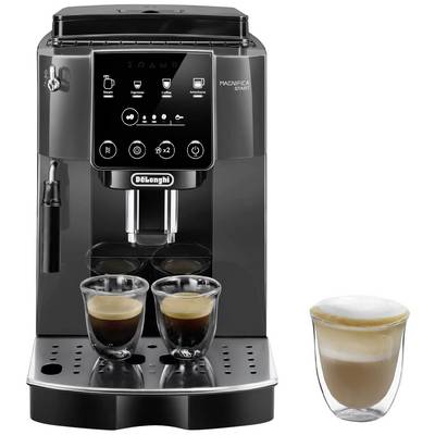 Kavni aparat z digitalnim zaslonom prikazuje simbole za espresso, cappuccino in nastavitve. Ob njem sta dve skodelici espresso in ena s penasto mleko.
