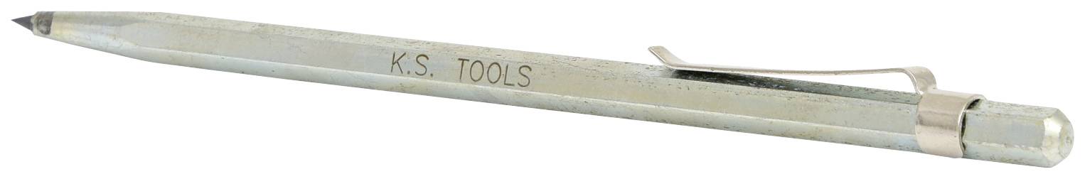 Srebrn kovinski žebelj z gravuro 'K.S. TOOLS', opremljen s stranskim žepnim sponkam.