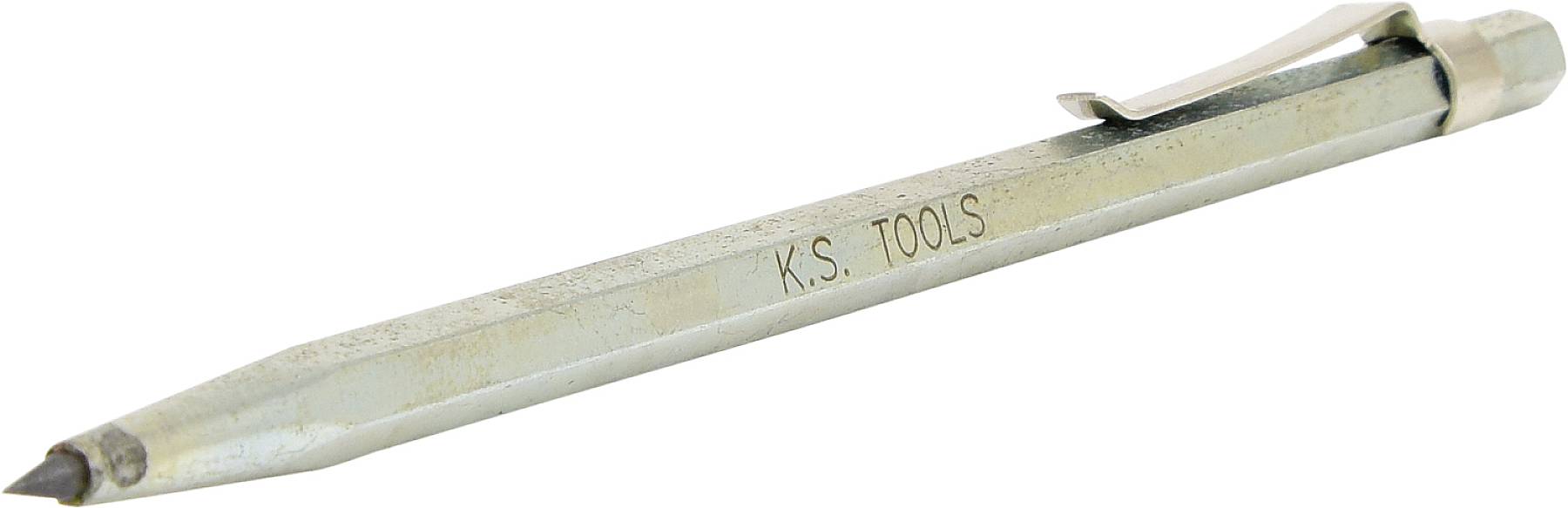 Srebrno orodje s črnim konicam in sponko, na kateri piše 'K.S. TOOLS'. Verjetno je bilo namenjeno označevanju ali merjenju.