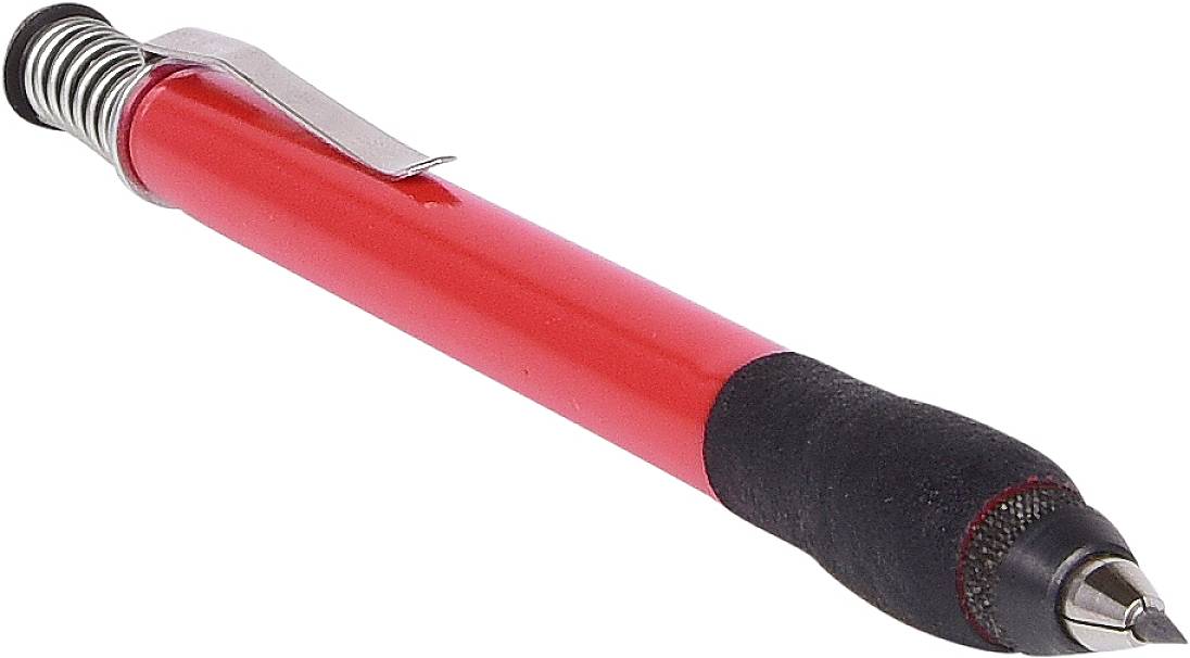 Rdeče pero z črnim ročajem in srebrnim sponko, na beli podlagi.