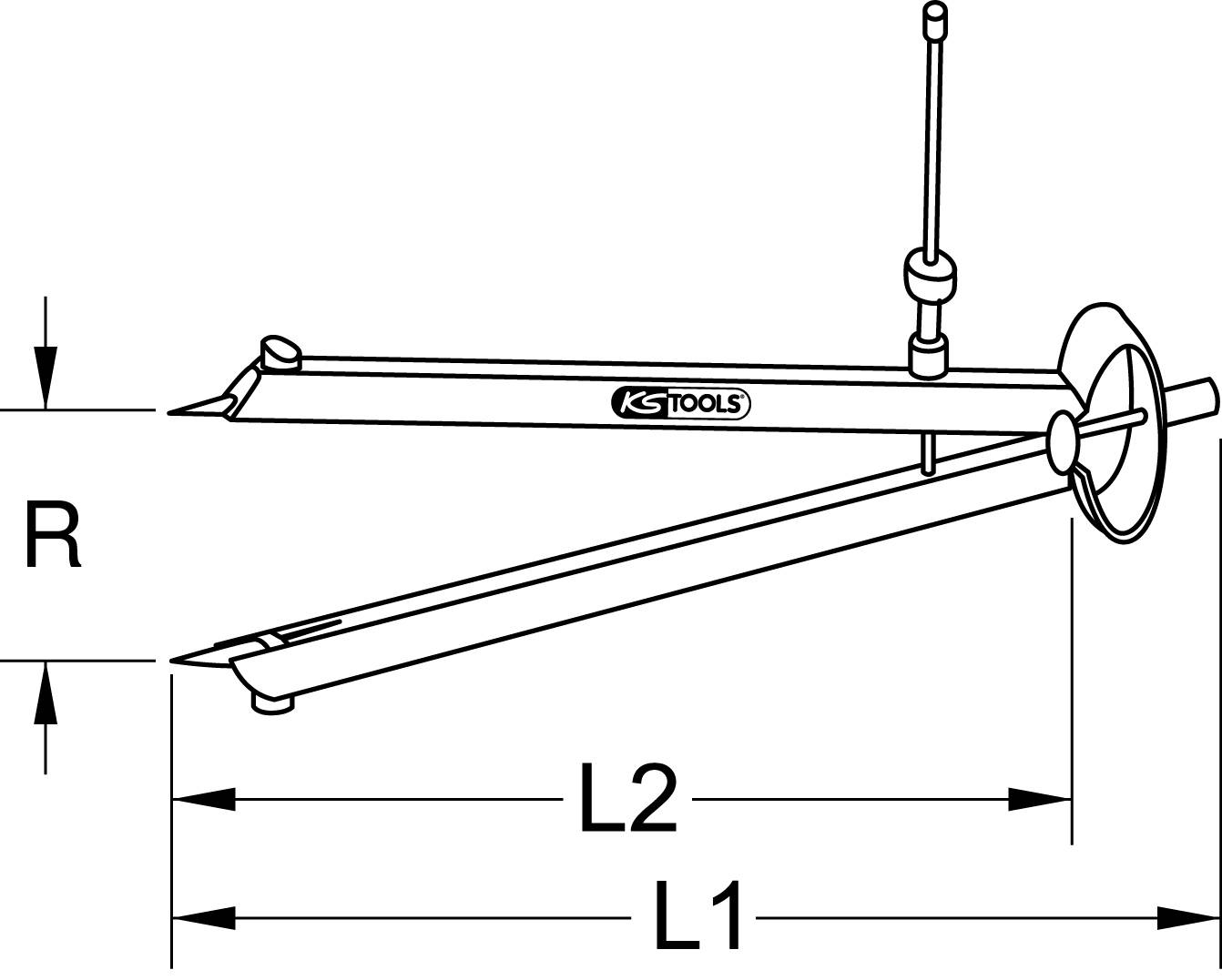 Slika prikazuje dvodelni šestilo z merilnimi oznakami. Razdalje so označene z 'R', 'L1' in 'L2'.