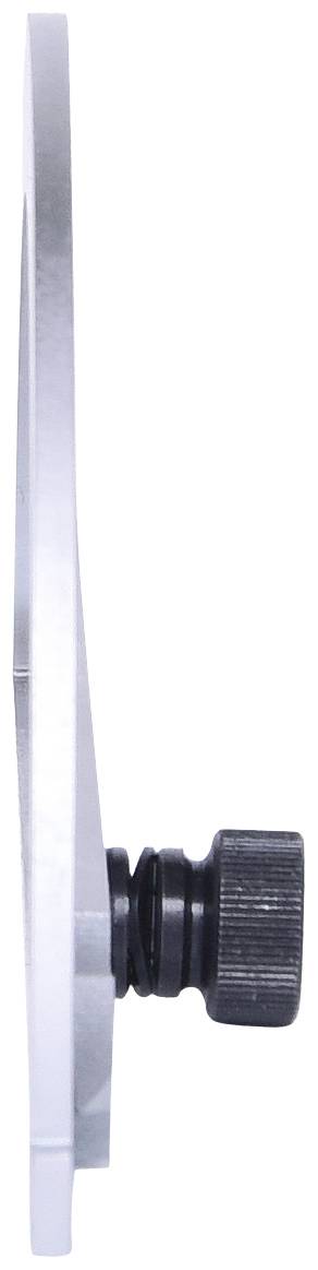 Stranski pogled ploščatega kovinskega predmeta s črnim vrtljivim gumbom.