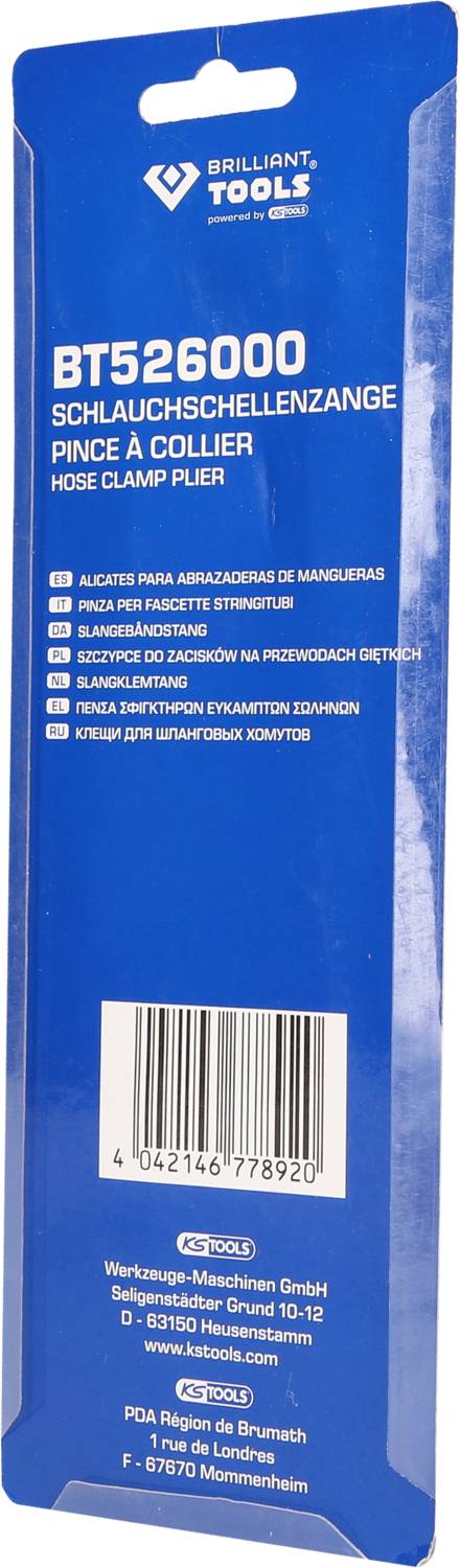 'Embalaža klešč za zategovanje cevi znamke Brilliant Tools, model BT526000, z večjezično opisom izdelka in črtno kodo.'