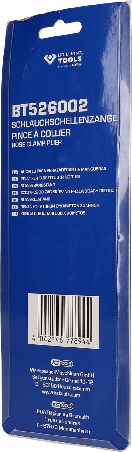 'Embalaža za BT526002 klešče za objemke cevi podjetja Brilliant Tools v modri barvi. Večjezični tekst opisuje izdelek kot klešče za objemke cevi.'