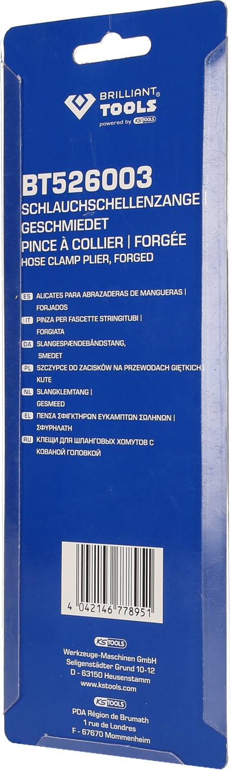 Embalaža Brilliant Tools. Model BT526003 Klešče za sponke cevi. Večjezična navodila in podatki o proizvajalcu.