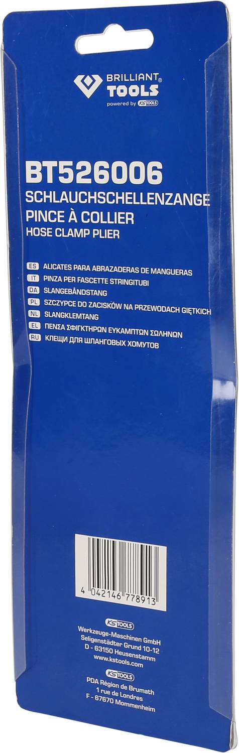 Modri opozorilni napisi na embalaži: 'BT526006 Klešče za objemke cevi' v več jezikih. Blagovna znamka 'Brilliant Tools'.