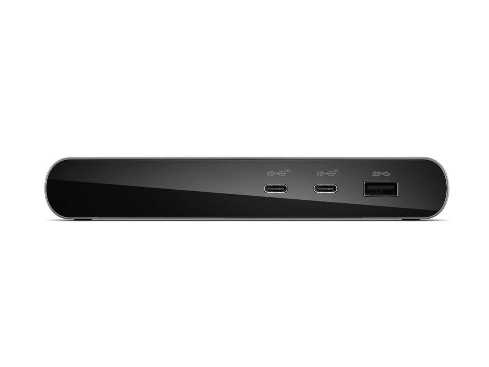 Črna elektronska naprava z dvema priključkoma USB-C in enim priključkom USB-A na sprednji strani.