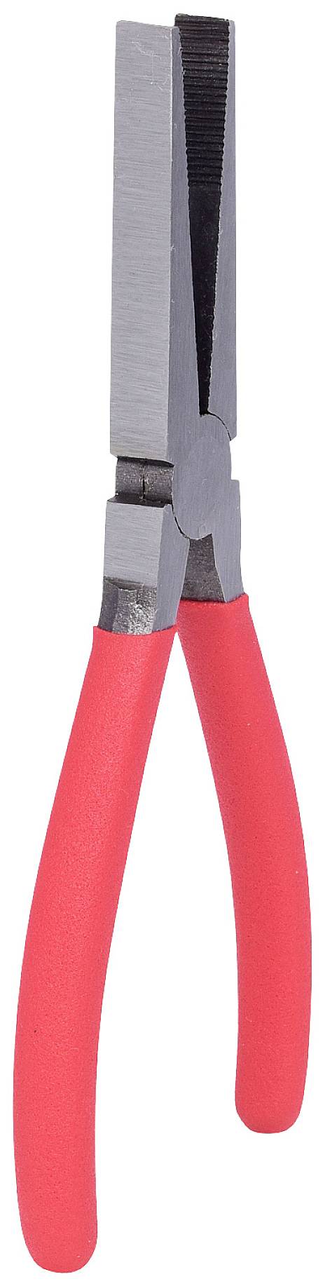Klešče z rdečima ročajema in ploščatimi, nazobljenimi čeljustmi, ki se uporabljajo za prijemanje in upogibanje predmetov.