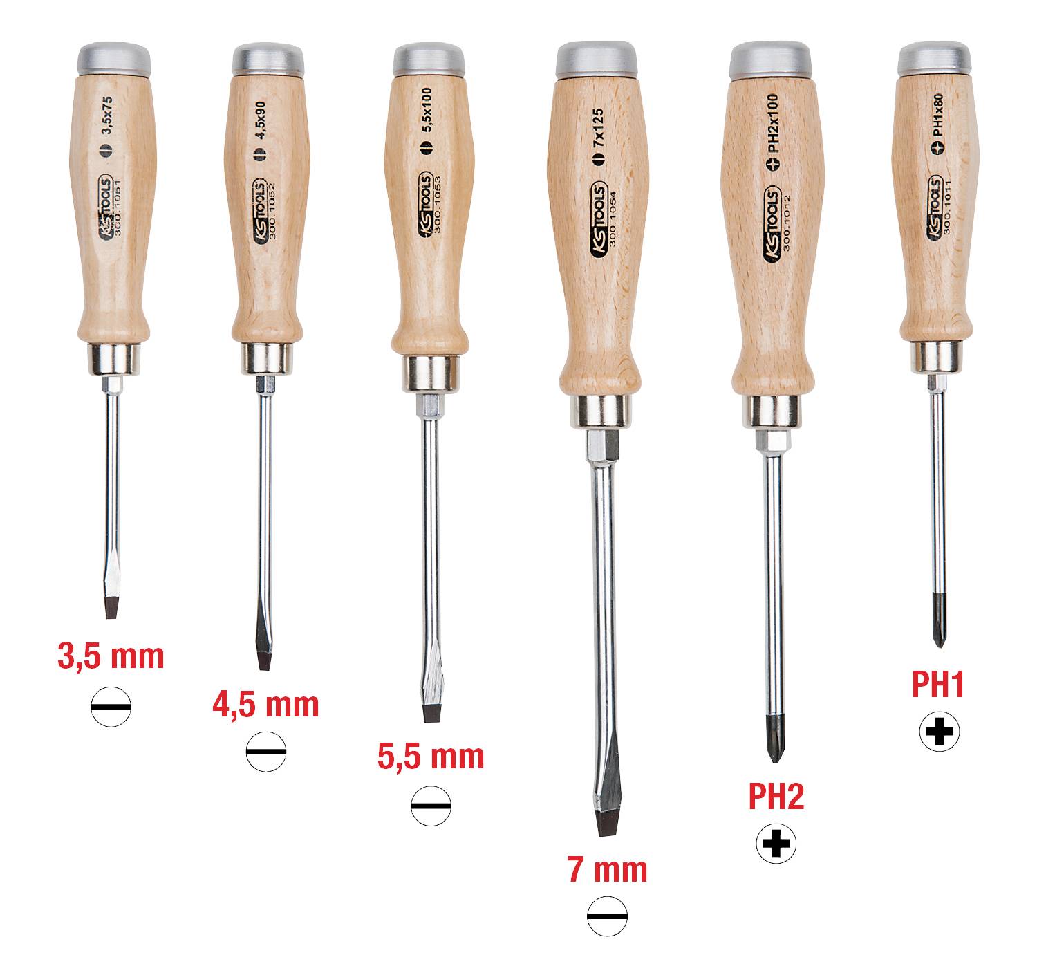 Šest izvijačev z lesenimi ročaji, različnih velikosti in oblik konice: trije ravni (3,5 mm, 4,5 mm, 5,5 mm), trije križni (PH1, PH2, PZ2).