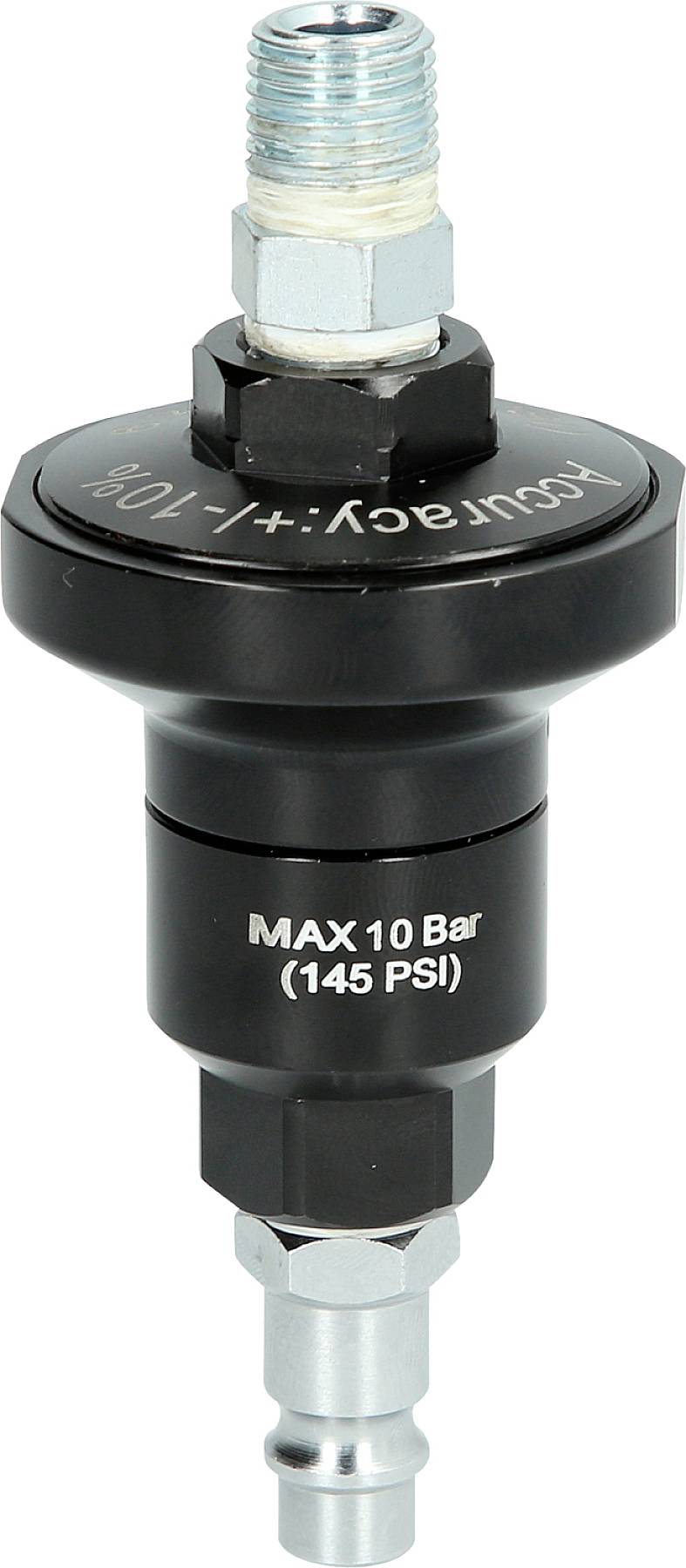 Črn tlačni regulator z napisom 'MAX 10 Bar (145 PSI)', primeren za pnevmatske sisteme.