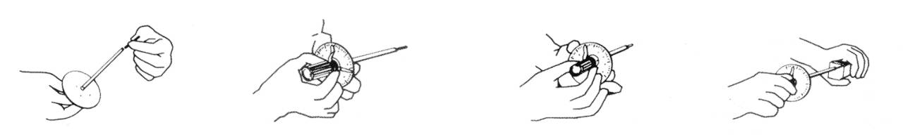 Štiri linearne risbe prikazujejo roke, ki držijo svinčnike na različne načine. Vsaka drža roke se razlikuje v prijemu in perspektivi.