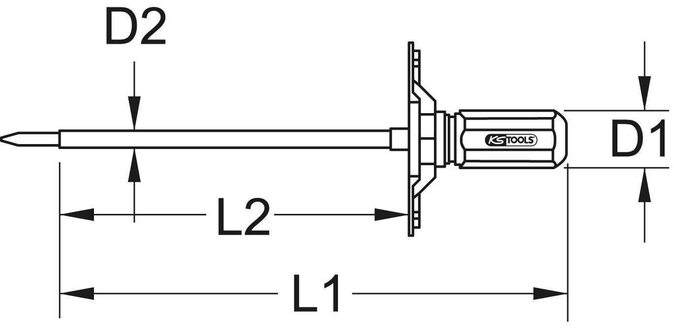 'Tehnična risba orodja z ročajem in dolgim konicastim koncem; označena z merami D1, D2, L1, L2.'