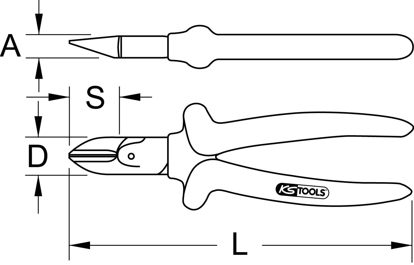 Tehnična risba stranskih klešč z merami. A: Dolžina, D: Premer, S: Širina. Orodje znamke 'KS TOOLS'.