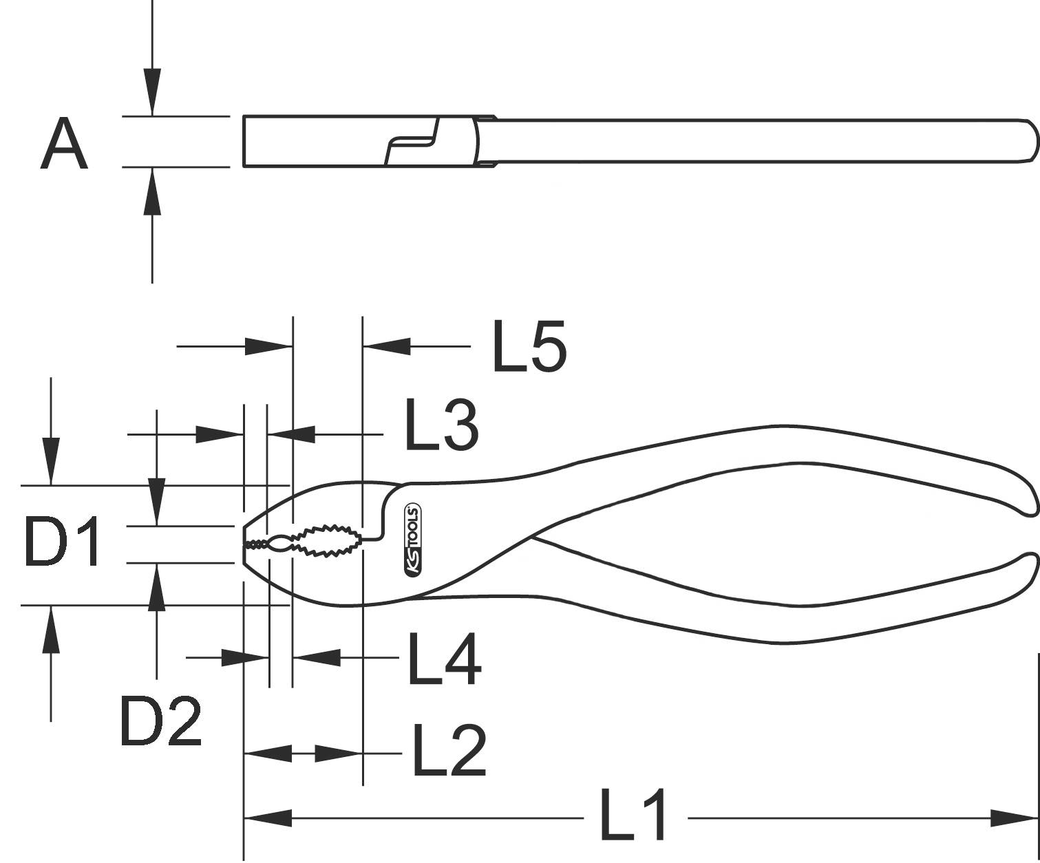 Risba klešč z dimenzijami: L1, L2, L3, L4, L5, D1, D2 in A. Prikazuje stranski in tlorisni pogled za tehnične specifikacije.