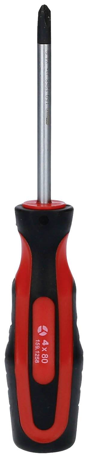 Izvijač z rdečim in črnim ročajem. Konica za križne vijake. Orodje za domačo in obrtniško rabo.