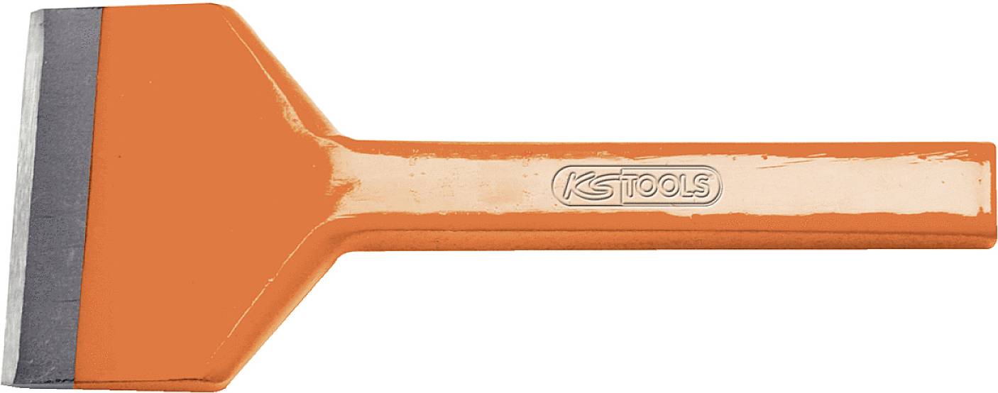 Oranžen strgač z kovinskim rezilom in logotipom 'KS Tools' na ročaju. Idealen za odstranjevanje ostankov z gladkih površin.