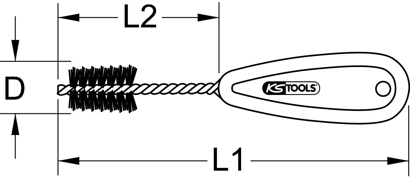 Žična ščetka z plastičnim ročajem, mere: D=premer ščetke, L1=celotna dolžina, L2=dolžina ščetin, logotip KS TOOLS na ročaju.