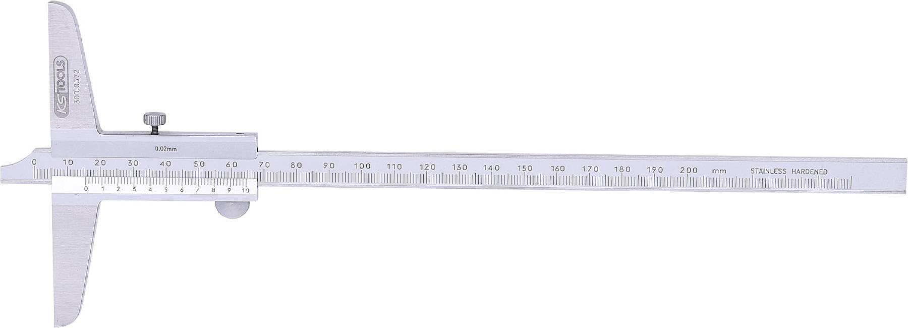 Srebrn pomični merilnik z merilno skalo od 0 do 300 mm, uporabljen za natančno merjenje notranjih, zunanjih in globinskih mer.