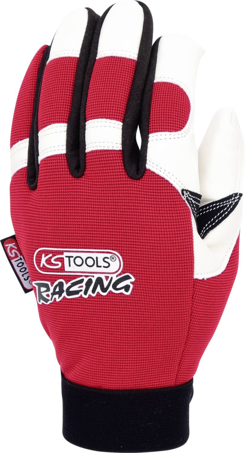 Rdeča dirkaška rokavica z črno in belo zasnovo, logotip 'KS TOOLS RACING' na dlani. Desna roka, brez prstnih koničk.
