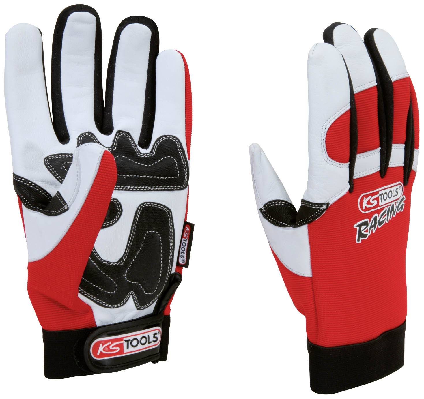 Dva rdeča in bela rokavici z črnim podlogom, označena z 'KS Tools Racing', na beli podlagi.