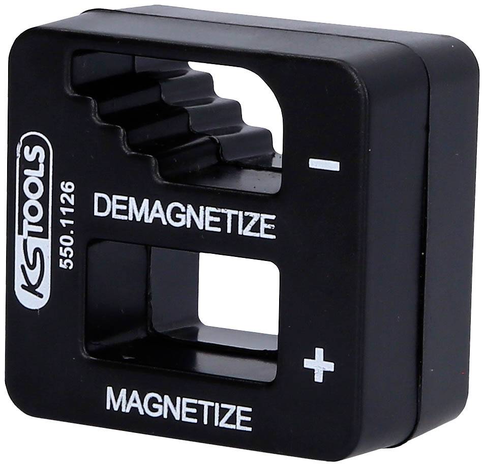 Črn razmagnetilnik/magnetilnik z '+' in '-' simboli, valovita oblika zob zgoraj. Blagovna znamka: KS Tools.