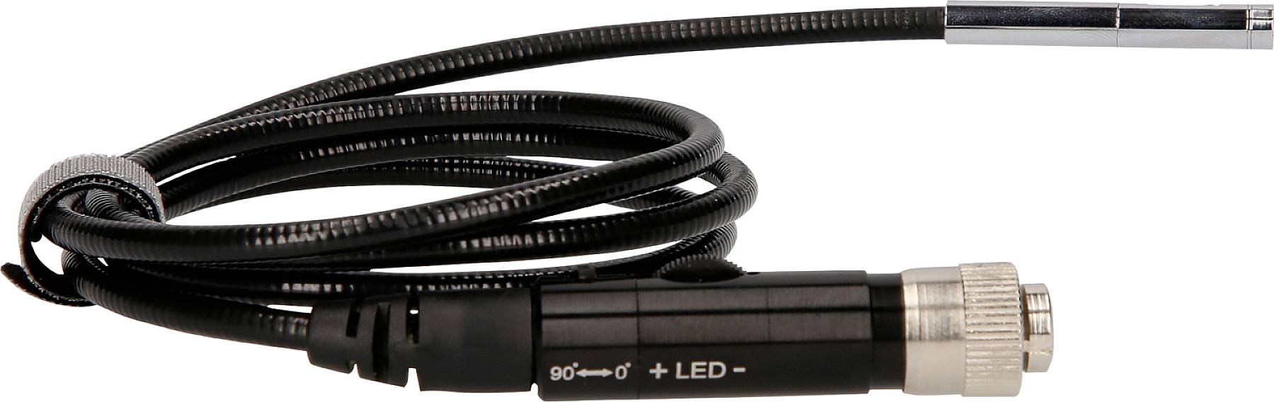 Флeksibilen endoskopski kabel z LED-lučko in kovinskim priključkom, ki se uporablja za preglede v težko dostopnih prostorih.