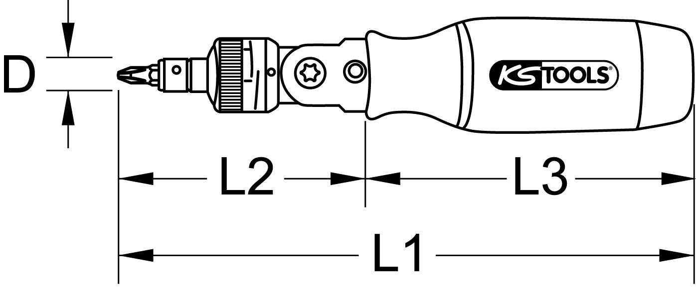 Izvijač z zamenljivo konico; označen z merami D, L1, L2, L3. Blagovna znamka na ročaju.