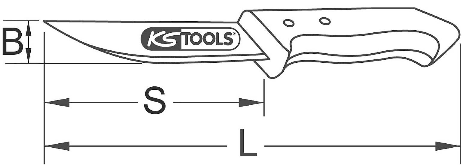 Slika noža z ročajem. Prikazuje celotno dolžino (L) in širino rezila (B). Logotip 'KS Tools' je na rezilu.