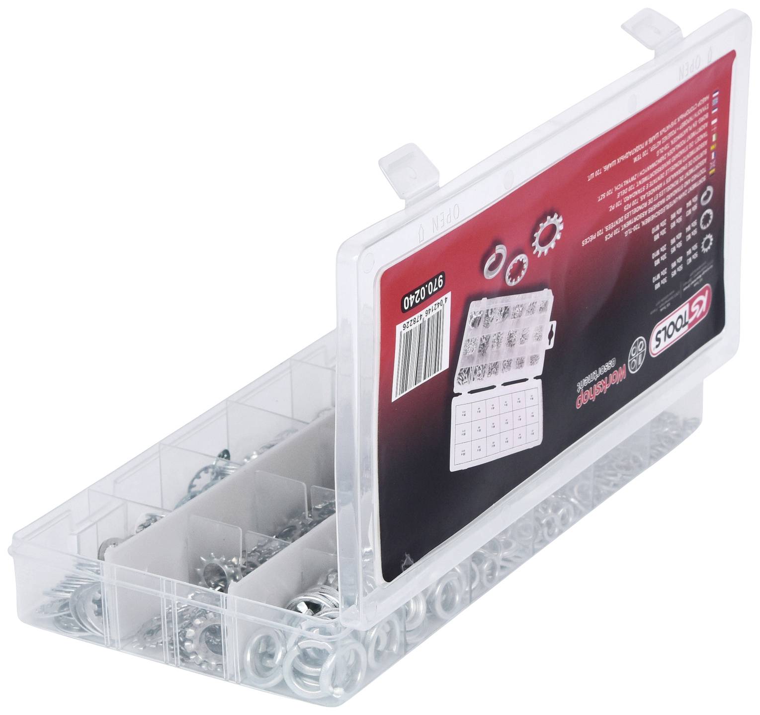 Plastična škatla s kovinskimi podložkami v različnih predalih. Nalepka prikazuje vrste in velikosti podložk.