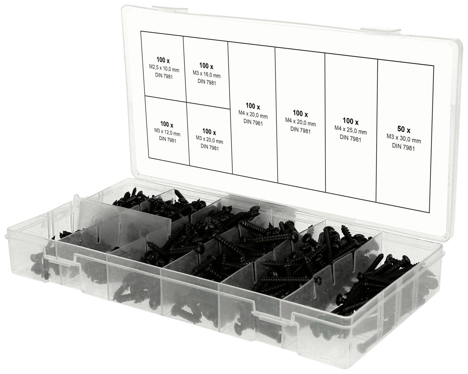 Plastična škatla z razdelki, napolnjena z različnimi črnimi vijaki različnih velikosti. Etiketa prikazuje količine in DIN standarde.