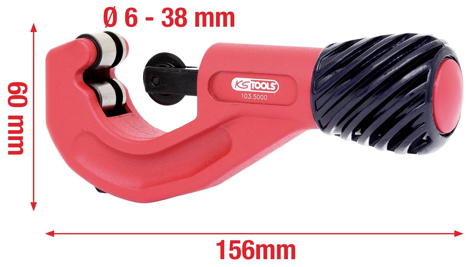 Rezalnik cevi KS Tools v rdeči in črni barvi, primeren za premere cevi od 6 do 38 mm, skupna dolžina 156 mm, višina 60 mm.
