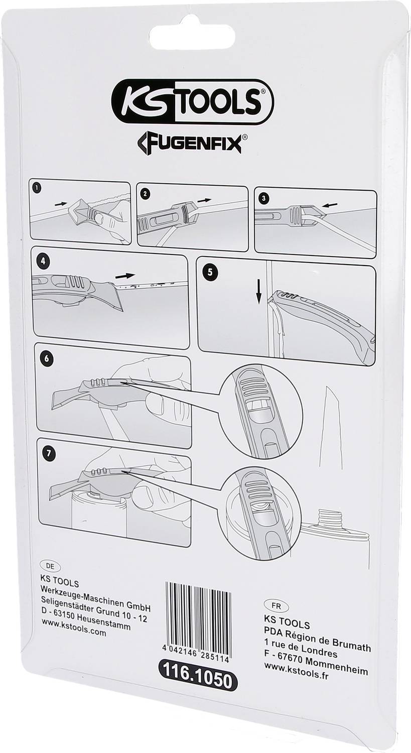 Navodila KS Tools Fugenfix prikazujejo šeststopenjski postopek obdelave reg z ilustracijami, podrobnimi koraki in kontaktnimi podatki.