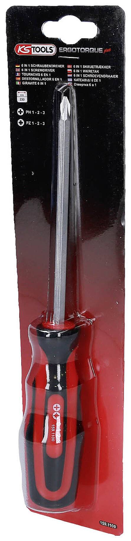 Izvijač KS Tools v embalaži, ergonomska zasnova, križni nastavek, primeren za različne tipe vijakov.