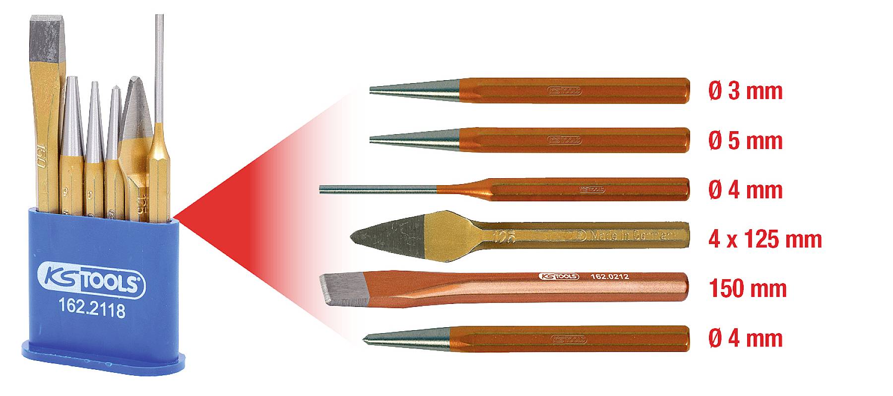 Set šestih svinčnikov in dlet v modrem držalu. Vsak svinčnik ima oranžno-zeleno konico in različne premere: 3 mm, 5 mm, 4 mm, 4 x 125 mm, 150 mm in 4 mm.