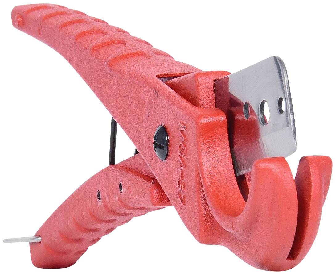 Rdeče škarje za rez cevi za natančno rezanje plastičnih cevi, z ergonomskim ročajem in ostrim kovinskim rezilom. Idealne za obrtnike.