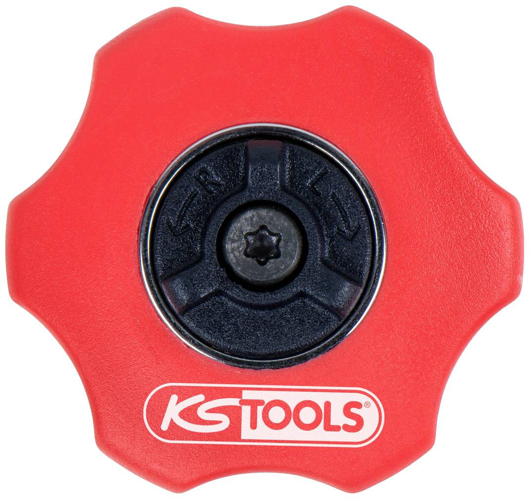 Rdeči ročaj v obliki zvezde s centralno vijačno in logotipom 'KS TOOLS' spodaj, verjetno del orodja ali naprave.